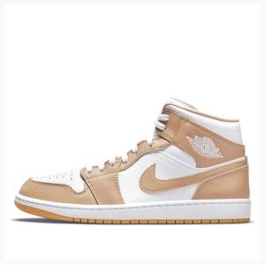 Beige / White Nike Mid Tan Gum Basketball Shoes Men's Air Jordan 1 | JD-672CJ