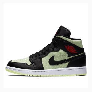 Black / Green Nike Mid SE 'Black Barely Volt' Basketball Shoes Women's Air Jordan 1 | JD-764YX