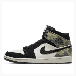 Black / White / Green Nike Mid Camo Basketball Shoes Men's Air Jordan 1 | JD-715RN