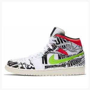 Black / White / Red / Green Nike Mid All-Over Logos Basketball Shoes Men's Air Jordan 1 | JD-613HW