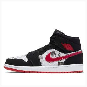 Black / White / Red Nike Mid SE Newspaper Air Times Basketball Shoes Men's Air Jordan 1 | JD-649AH