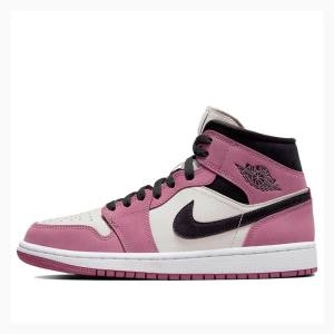 Black / White / Rose Nike Mid SE Light Mulberry Basketball Shoes Women's Air Jordan 1 | JD-318WC