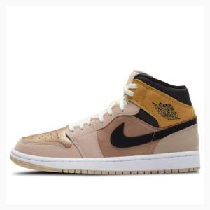 Brown / Gold Nike Mid SE Particle Basketball Shoes Women's Air Jordan 1 | JD-562GA