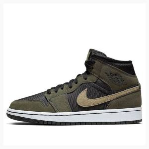 Olive / Black Nike Mid Military Basketball Shoes Women's Air Jordan 1 | JD-924SX