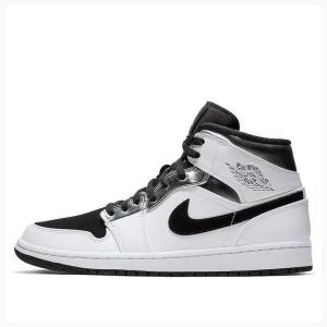 White / Black / Silver Nike Mid Basketball Shoes Men's Air Jordan 1 | JD-104FL