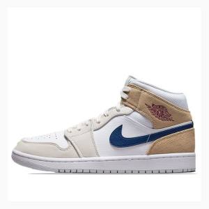 White / Blue / Beige Nike Mid Basketball Shoes Men's Air Jordan 1 | JD-642QD