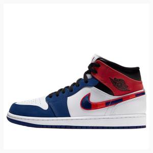 White / Blue / Red Nike Mid SE Basketball Shoes Men's Air Jordan 1 | JD-389FN