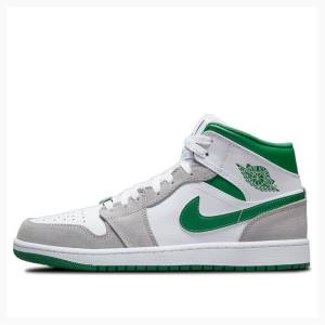 White / Grey / Green Nike Mid Basketball Shoes Men's Air Jordan 1 | JD-672JU