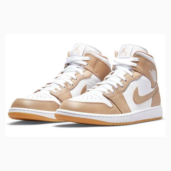 Beige / White Nike Mid Tan Gum Basketball Shoes Men's Air Jordan 1 | JD-672CJ