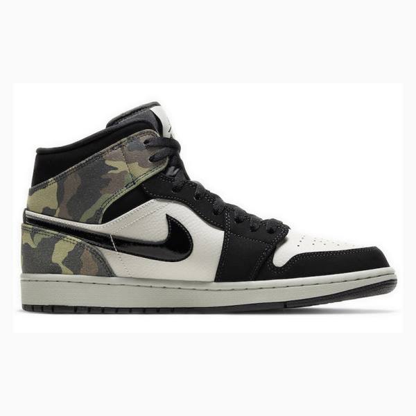 Black / White / Green Nike Mid Camo Basketball Shoes Men's Air Jordan 1 | JD-715RN