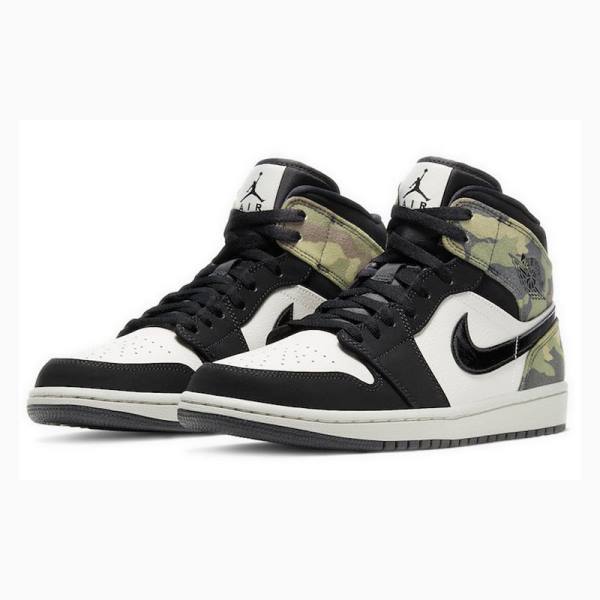 Black / White / Green Nike Mid Camo Basketball Shoes Men's Air Jordan 1 | JD-715RN