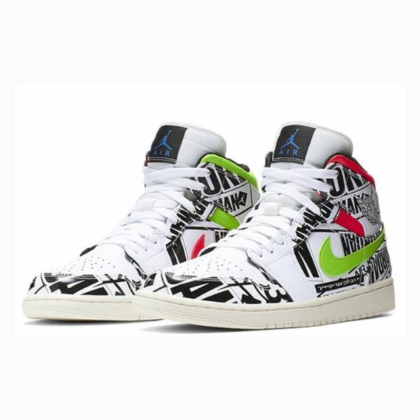 Black / White / Red / Green Nike Mid All-Over Logos Basketball Shoes Men's Air Jordan 1 | JD-613HW