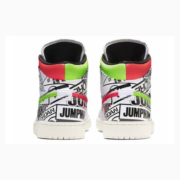 Black / White / Red / Green Nike Mid All-Over Logos Basketball Shoes Men's Air Jordan 1 | JD-613HW