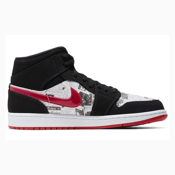 Black / White / Red Nike Mid SE Newspaper Air Times Basketball Shoes Men's Air Jordan 1 | JD-649AH