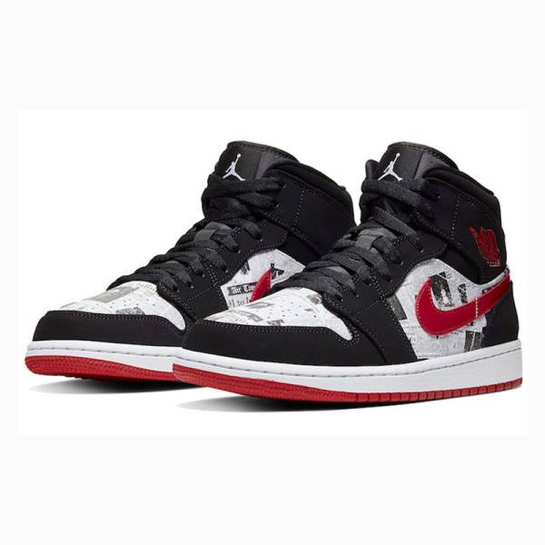 Black / White / Red Nike Mid SE Newspaper Air Times Basketball Shoes Men's Air Jordan 1 | JD-649AH