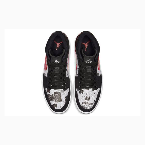 Black / White / Red Nike Mid SE Newspaper Air Times Basketball Shoes Men's Air Jordan 1 | JD-649AH