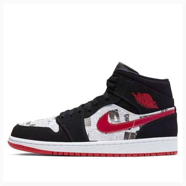 Black / White / Red Nike Mid SE Newspaper Air Times Basketball Shoes Men\'s Air Jordan 1 | JD-649AH