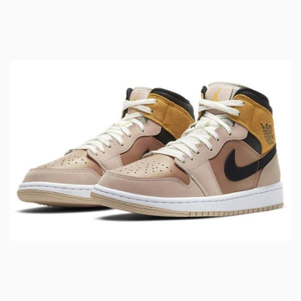 Brown / Gold Nike Mid SE Particle Basketball Shoes Women's Air Jordan 1 | JD-562GA