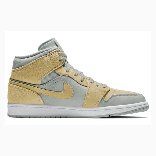 Grey / Yellow Nike Mid SE 'Tan Grey' Basketball Shoes Men's Air Jordan 1 | JD-697NK