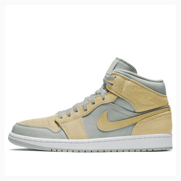 Grey / Yellow Nike Mid SE \'Tan Grey\' Basketball Shoes Men\'s Air Jordan 1 | JD-697NK