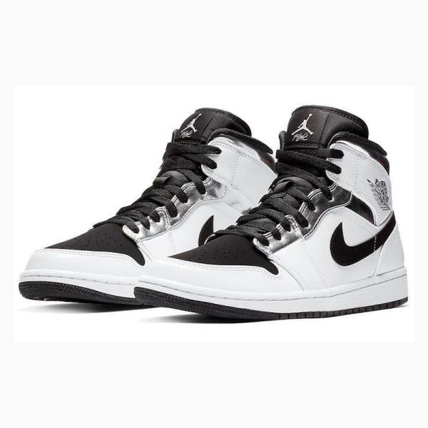 White / Black / Silver Nike Mid Basketball Shoes Men's Air Jordan 1 | JD-104FL