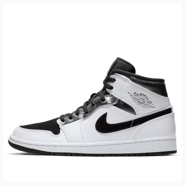 White / Black / Silver Nike Mid Basketball Shoes Men\'s Air Jordan 1 | JD-104FL