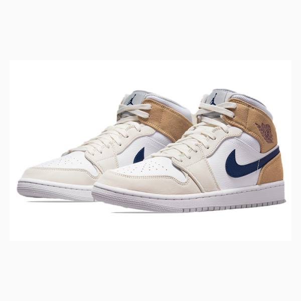 White / Blue / Beige Nike Mid Basketball Shoes Men's Air Jordan 1 | JD-642QD