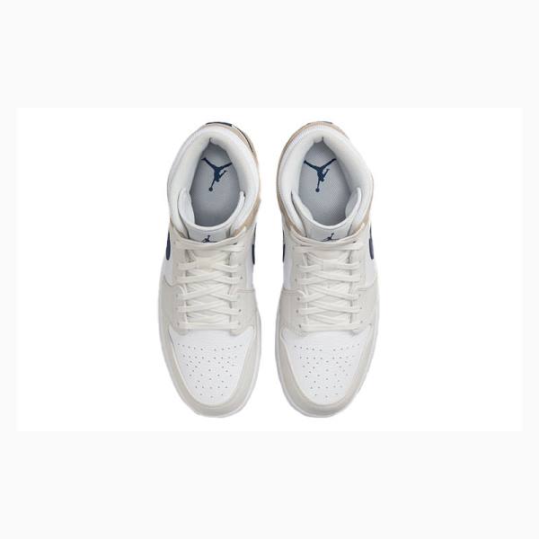 White / Blue / Beige Nike Mid Basketball Shoes Men's Air Jordan 1 | JD-642QD