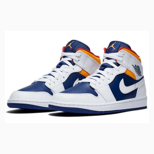 White / Blue / Orange Nike Mid Basketball Shoes Men's Air Jordan 1 | JD-893XM