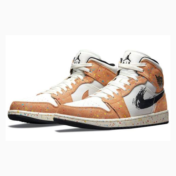 White / Brown Nike Mid SE Brushstroke Basketball Shoes Men's Air Jordan 1 | JD-984IA