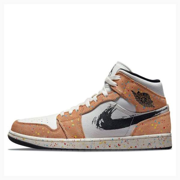 White / Brown Nike Mid SE Brushstroke Basketball Shoes Men\'s Air Jordan 1 | JD-984IA