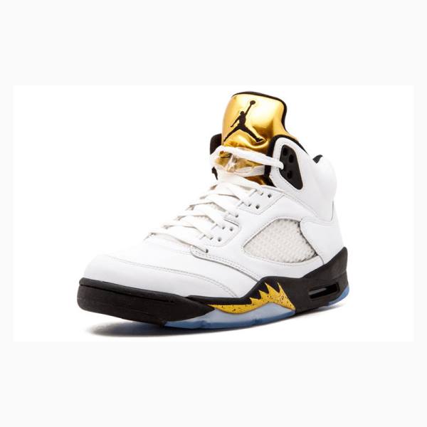 White / Gold Nike Retro Olympic Tongue Basketball Shoes Men's Air Jordan 5 | JD-657SA