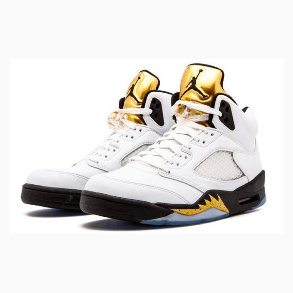 White / Gold Nike Retro Olympic Tongue Basketball Shoes Men's Air Jordan 5 | JD-657SA