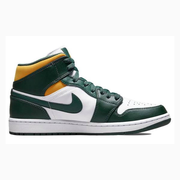 White / Green / Yellow Nike Mid Basketball Shoes Men's Air Jordan 1 | JD-268QU