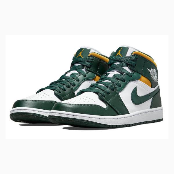 White / Green / Yellow Nike Mid Basketball Shoes Men's Air Jordan 1 | JD-268QU