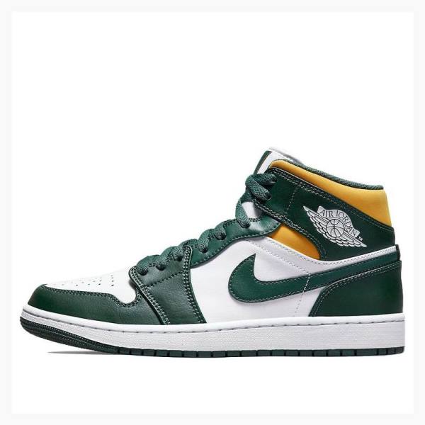 White / Green / Yellow Nike Mid Basketball Shoes Men\'s Air Jordan 1 | JD-268QU