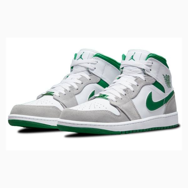 White / Grey / Green Nike Mid Basketball Shoes Men's Air Jordan 1 | JD-672JU