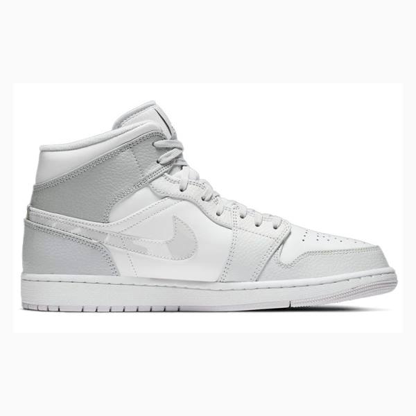 White / Grey Nike Mid Swoosh Logo - Grey Camo Basketball Shoes Men's Air Jordan 1 | JD-147KV