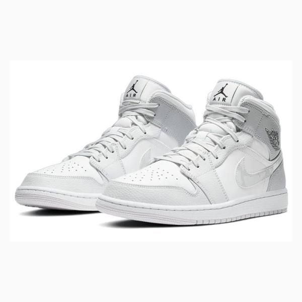 White / Grey Nike Mid Swoosh Logo - Grey Camo Basketball Shoes Men's Air Jordan 1 | JD-147KV