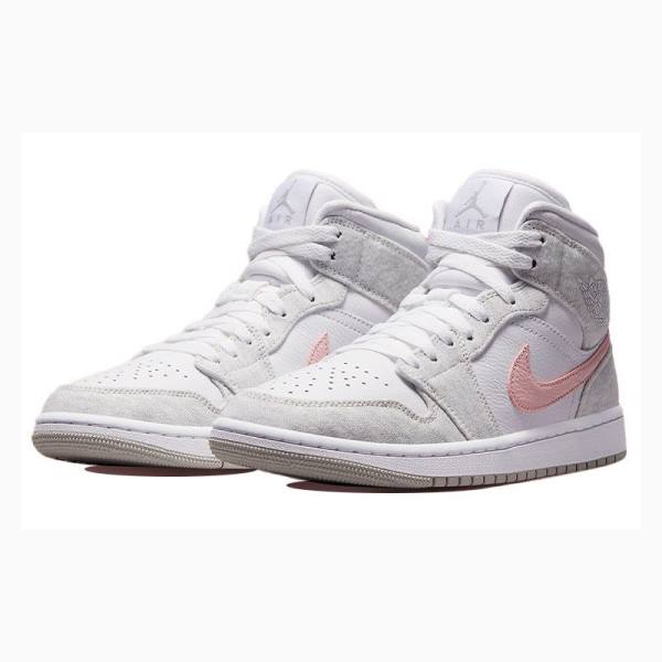 White / Grey / Pink Nike Mid SE Light Iron Ore Light Iron Ore (W) Basketball Shoes Women's Air Jordan 1 | JD-142HQ