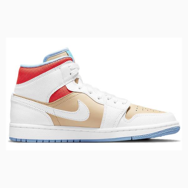 White / Red / Brown Nike Mid Sesame (W) Basketball Shoes Women's Air Jordan 1 | JD-125NQ