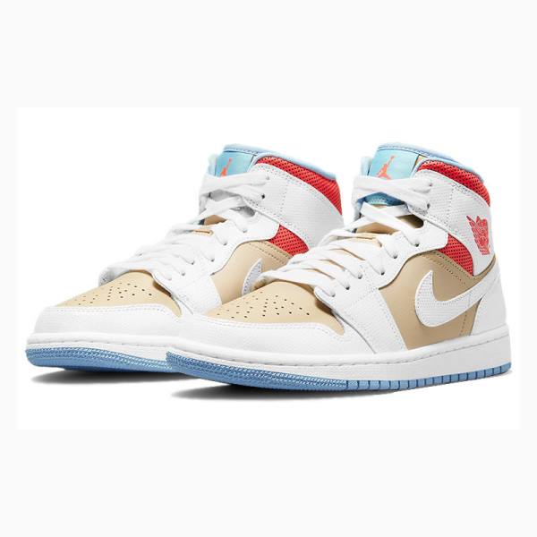 White / Red / Brown Nike Mid Sesame (W) Basketball Shoes Women's Air Jordan 1 | JD-125NQ