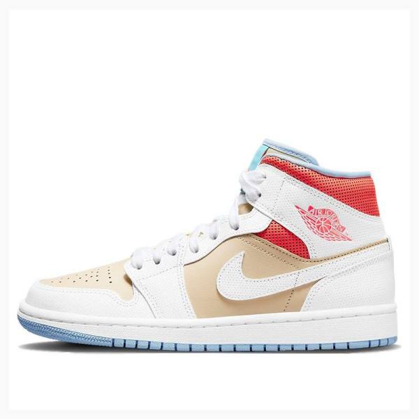 White / Red / Brown Nike Mid Sesame (W) Basketball Shoes Women\'s Air Jordan 1 | JD-125NQ